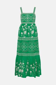 Floral & Geo Embroidered Midaxi | Karen Millen Spring Cotton Dresses With Cutwork, Sleeveless Summer Dresses With Geometric Embroidery, Sleeveless Dress With Geometric Embroidery For Spring, Green Embroidered Spring Maxi Dress, Spring Green Embroidered Maxi Dress, Green Embroidered Dress For Spring, Green Cotton Dress With Intricate Embroidery, Summer Sleeveless Dress With Geometric Embroidery, Green Embroidered Sleeveless Dress