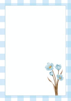 a blue and white gingham background with flowers on the bottom right corner is an empty paper