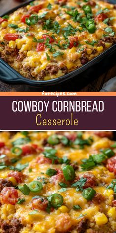 this cowboy cornbread casserole is loaded with ground beef, cheese and green onions