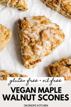 vegan maple walnut scones with glaze on top and text overlay that reads gluten free oil - free vegan maple walnut scones