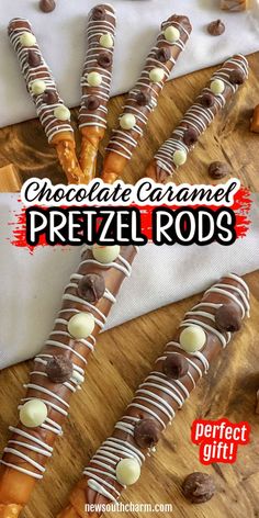 chocolate caramel pretzel rods on a cutting board with the title overlay