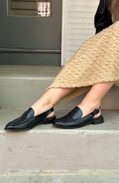 A classic penny keeper and adjustable slingback strap lend modern appeal to a sophisticated leather loafer grounded by a modest block heel. 1" heel (size 8.5) Leather upper/textile and synthetic lining/synthetic sole Imported Loafer Women, Penny Loafer, Penny Loafers, Leather Loafers, Loafers For Women, Block Heels