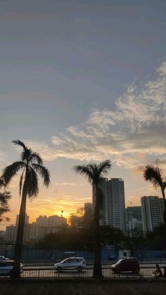 the sun is setting behind some palm trees in front of a large cityscape