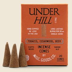 Inspired by the smells of traveling in nature, Underhill Incense from Misc. Goods Co. combines 14 high-quality ingredients to fill any room with a deep, complex scent with notes of wild herbs, pipe tobacco, leather, and even a little beer. Each pack comes with 20 incense cones and has a burn time of about 30 minutes. Incense Cone Packaging, Wild Rooster, Incense Chamber, Wild Herbs, Cone Incense, Incense Cones, Creative Packaging, Smell Good, Room Interior