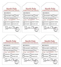 four red and white tags with the words north pole, emergency service and fire department written on them