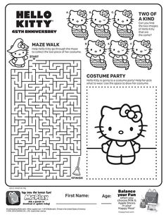 the hello kitty maze activity is shown in this printable coloring page, which includes an image