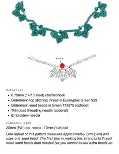 an advertisement for a necklace with green beads and flowers on the front, in white background