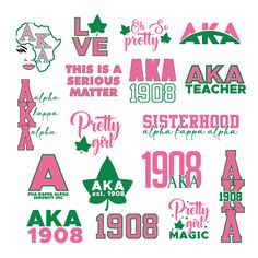 some pink and green stickers on a white background