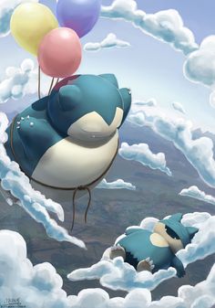 an animal flying through the air with balloons in it's mouth and clouds around him