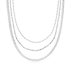 Ross-Simons - Italian Sterling Silver Multi-Chain Necklace. 18". Get the chic layered look with one easy-to-wear piece! Our polished sterling silver necklace presents a Figaro-link chain, a twisted herringbone chain and a curb-link chain in a three-tiered look on the neckline. No fuss, tangles or style decisions necessary! Made in Italy. Includes 2" extender. Lobster clasp, sterling silver multi-chain necklace. Chain Silver Necklace, Silver Necklace Chain, Multi Chain Necklace, Herringbone Chain, Fine Jewelery, Jewelry Essentials, Silver Chain Necklace, Fine Jewellery Necklace, Look On