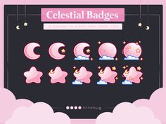 celestial lunar cosmic pink sub badges for twitch streams cute and affordable Twitch Sub Badge Ideas, Twitch Assets, Pink Celestial, Twitch Badges, Adopt Idea, Overlays Cute, Twitch Emotes