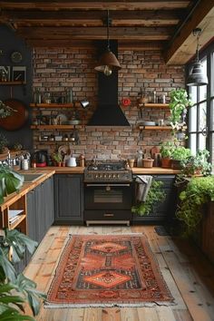 a kitchen with brick walls and wooden floors, an area rug is on the floor