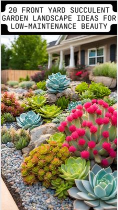 Front yard filled with diverse succulents, colorful cacti, and pebbles in a landscaped garden. Colorful Landscaping Front Yard, Small Space Succulent Garden, Texas Low Maintenance Landscaping, Succulents Outdoor Landscape, Arizona Front Yard, Succulent Flower Bed, Succulent Garden Design Outdoors, Florida Landscape