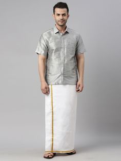 vastramay mens gray color solid ethnic shirt and mundu set Traditional White Shirt For Festivals, Traditional Festive Short Sleeve Shirt, Traditional Short Sleeve Festive Shirt, Traditional Short Sleeve Kurta For Navratri, Traditional Short Sleeve Festive Kurta, Short Sleeve Traditional Wear For Eid, Traditional Fit Short Sleeve Shirt, Traditional Wear With Short Sleeve And Pallu, Traditional Short Sleeve Wear For Festivals