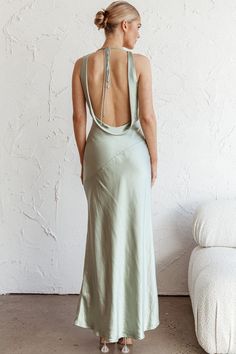 Shop the Cassiopeia Open Back Maxi Dress Pistachio | Selfie Leslie Cowboy Chic, Selfie Leslie, Open Back Maxi Dress, Yellow Bridesmaids, Blue Bridesmaids, Date Night Dresses, Cowl Neckline, Clothing Tags, Dress Satin