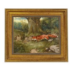 an oil painting on canvas of a fox in the woods by a tree with its tail curled up