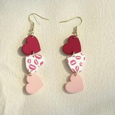 Drop Dangle Style Valentines Earrings In Pink And White With Hearts Designs. Brand New Still In The Packaging And Never Been Worn Heart Shaped Lips, Valentine Paper, Mint Green Earrings, Heart Envelope, Valentines Earrings, Paper Earrings, Plastic Earrings, Swirl Earrings, Earrings Heart