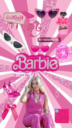 the poster for barbie's first birthday party is pink and has various items on it