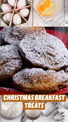 egg nog french toast bites with chocolate frosting and eggs in bowls on the side