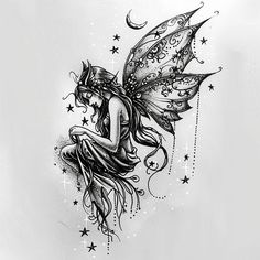 a black and white drawing of a fairy with stars on her back, sitting on the ground