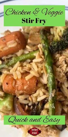 chicken and veggie stir fry with rice and asparagus on a plate