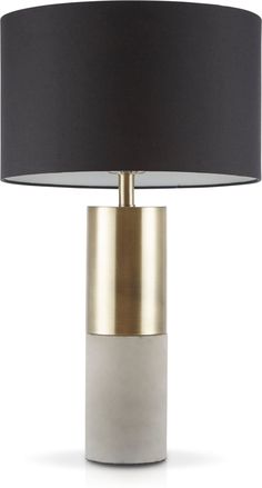 a table lamp with a black shade on the top and gold trim around the base