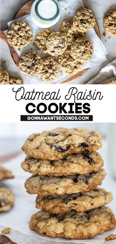 oatmeal raisin cookies are stacked on top of each other and the bottom is