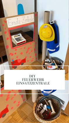 cardboard boxes are stacked on top of each other in front of a wall with the words diy feuerweier enstattentrale