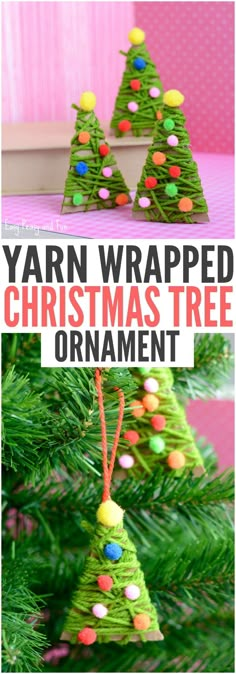 yarn wrapped christmas tree ornament with text overlay