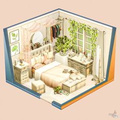 an artist's rendering of a bedroom in the shape of a room with a bed, dresser and mirror