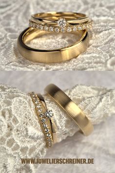 two gold wedding rings with diamonds on top and bottom, sitting next to each other