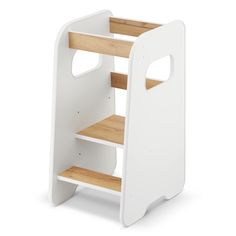 a white step stool with wooden shelves on the bottom and sides, against a white background