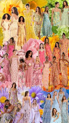 a collage of different dresses and flowers in various colors, with the same woman's face