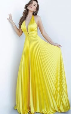 Satin Pleated Skirt, Pleated Satin Dress, Backless Evening Gowns, Royal Yellow, Jovani Prom, Extraordinary Design, Dress Couture, Prom Dresses Jovani