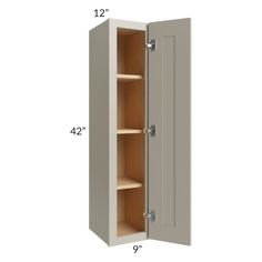 an open cabinet with the measurements for each door and bottom section, including two shelves