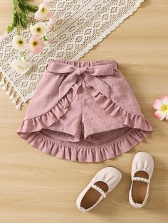 Toddler Girls Swiss Dot Ruffle Trim Belted Skort | SHEIN USA Simple Kids Clothes To Sew, Cute Shorts For Spring, Cute Solid Color Shorts For Spring, Cute Spring Shorts, Cute Short, Baby Mode, Girls Clothes Patterns, Kids Clothes Patterns, Shein Kids