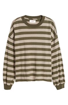 Heathery stripes wind around a cotton-jersey T-shirt made with long sleeves for cozy comfort. Crewneck Long sleeves Dropped shoulders 100% cotton Machine wash, tumble dry Made in the USA Long Sleeve Striped Shirt, Stripe Long Sleeve, Striped Long Sleeve Shirt, Clothing Ideas, Comforters Cozy, Striped Long Sleeve, Grey Stripes, Sleeve Cotton, Cotton T Shirt