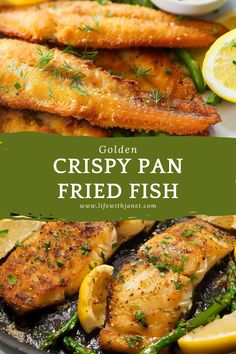 crispy pan fried fish with lemons, asparagus and parsley on the side