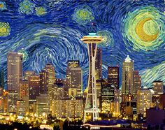 the space needle in seattle at night with stars and swirls painted on it's side