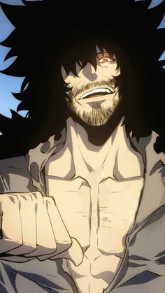 an anime character with black hair and beards holding his arms crossed in front of him