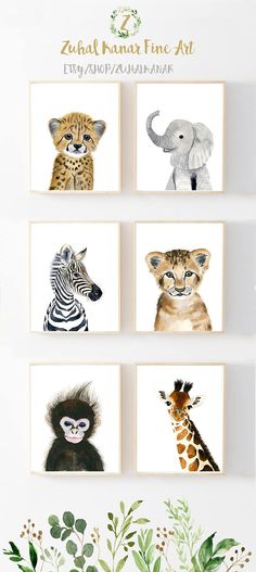 four different animal pictures are hanging on the wall in front of some plants and flowers