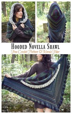 the hooded novela shawl is shown in three different colors and features an open hood