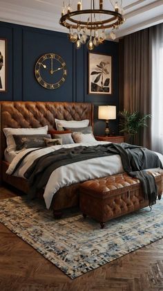 a bedroom with a large bed and chandelier