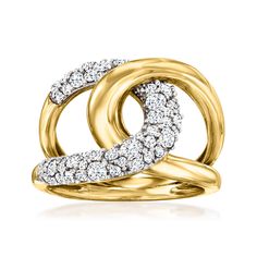 Ross-Simons - .75 ct. t. w. Diamond Interlocking Ring in 14kt Yellow Gold. Size 7. Our ultra-stylish ring links together icy sparkle with sunny shimmer in a graceful and contemporary design. A swoop of .75 ct. t. w. round brilliant-cut diamonds interlocks with a loop of glossy 14kt yellow gold. 5/8" wide. Diamond interlocking ring. Diamond birthstones are the perfect gift for April birthdays. Interlocking Ring, April Birthday, Diamond Birthstone, Work Fits, Stylish Rings, Jewelry Rings Diamond, Ring Diamond, Round Brilliant Cut Diamond, Round Brilliant Cut