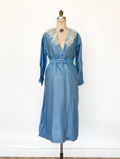 Antique 1910s 20s Blue Cotton Belted Dress Lace Collar M L | eBay 1920s Day Dress, Blue Day Dress, Blue Day, Blue Long Sleeve Dress, Cerulean Blue, Roaring 20s, Fantasy Dress, Modern Dress, Lace Collar