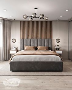 a bedroom with a bed, nightstands and two lamps on the wall above it