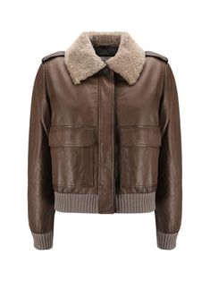 Leather jacket by brunello cucinelli, classic collar with removable shearling-effect detail, concealed front button fastening, ribbed cuffs, ribbed hem, two welt flap patch pockets on front, regular fit. Composition: 100% % Calf Leather Bos Taurus Luxury Distressed Brown Biker Jacket For Winter, Brown Shearling Biker Jacket With Padded Collar, Luxury Distressed Brown Leather Jacket, Luxury Shearling Leather Jacket With Zipper Closure, Luxury Brown Shearling Biker Jacket, Rene Caovilla, Pleats Please Issey Miyake, Jeans Jumpsuit, Sneaker Wedge