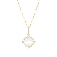 Introducing Downton Abbey by REEDS Jewelers. This necklace is inspired by Lady Edith, the second daughter of Lord and Lady Grantham. This beautiful 10k yellow gold pendant necklace features a round freshwater cultured pearl set within a sunburst-inspired design. Round diamonds adorn the bale, lending a hint of understated sparkle to this elegant necklace. Diamonds are 1/4ctw, I in color, and I2 in clarity. The 18 inch rolo chain accented with round diamonds secures with a spring ring closure. Pe Classic White Diamond Necklace With Pave Setting, Timeless Diamond White Gemstone Necklace, Classic White Necklace With Pave Setting, Timeless Diamond White Necklace With Gemstone, Elegant White Solitaire Gemstone Necklace, White Gemstone Solitaire Necklace, Classic Yellow Gold Diamond Necklace With Gemstone, Refined Yellow Gold Necklace With Diamond Accents, Refined White Diamond Necklace With Accents