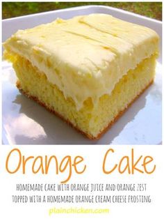 a piece of orange cake on a plate with the words orange cake written below it