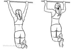 two women doing pull ups with one holding the bar above her head and the other behind her back